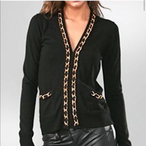 Milly Black Gold Chain Edged Merino Wool Cardigan